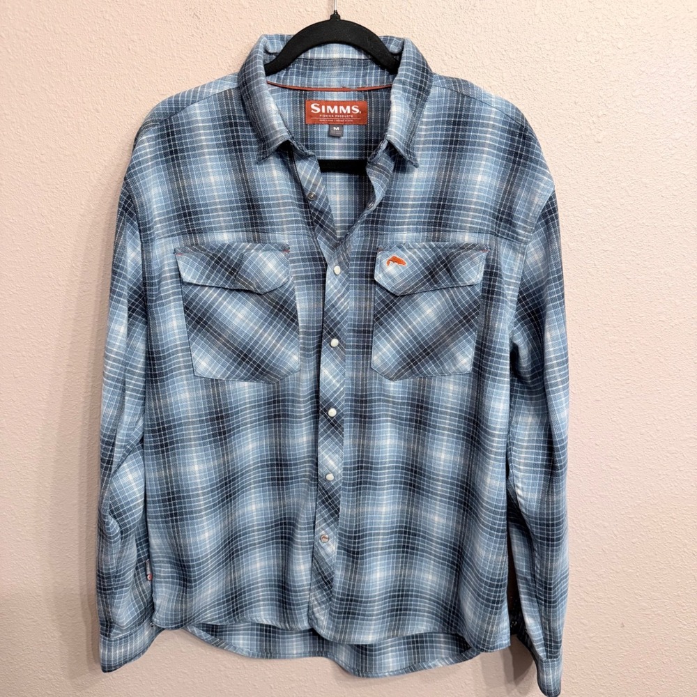 Simms Fishing Products Gallatin Mens Blue Plaid Long Sleeve Snap Flannel Shirt M